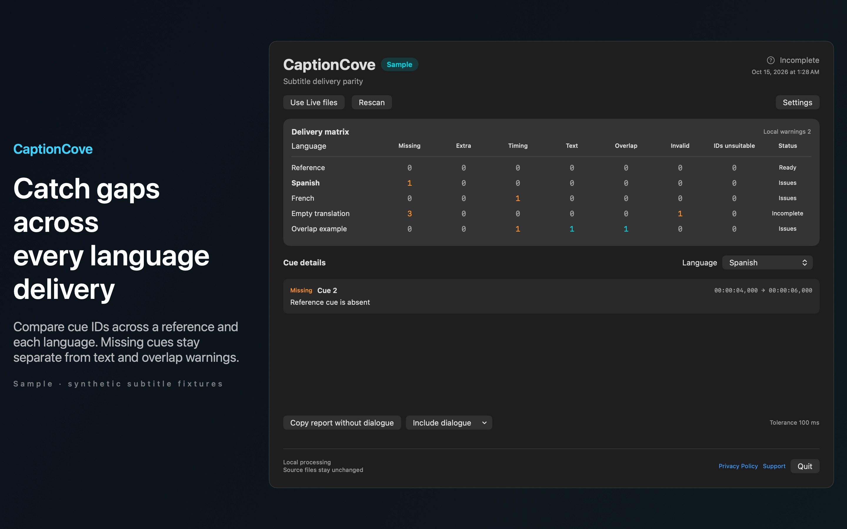 CaptionCove Sample mode detail