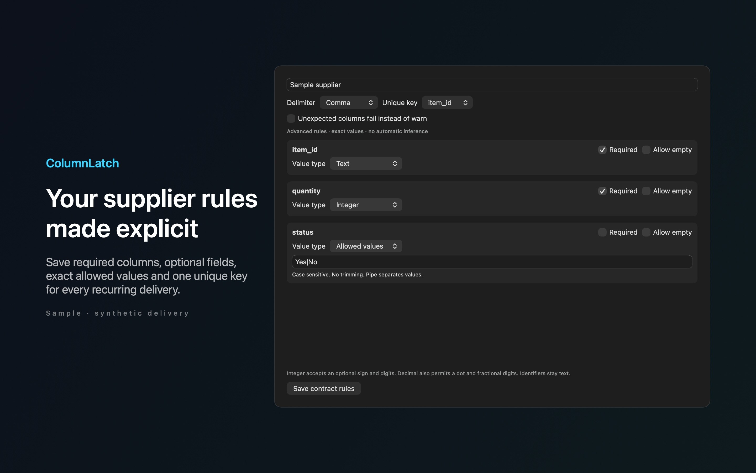 ColumnLatch sample supplier rules.