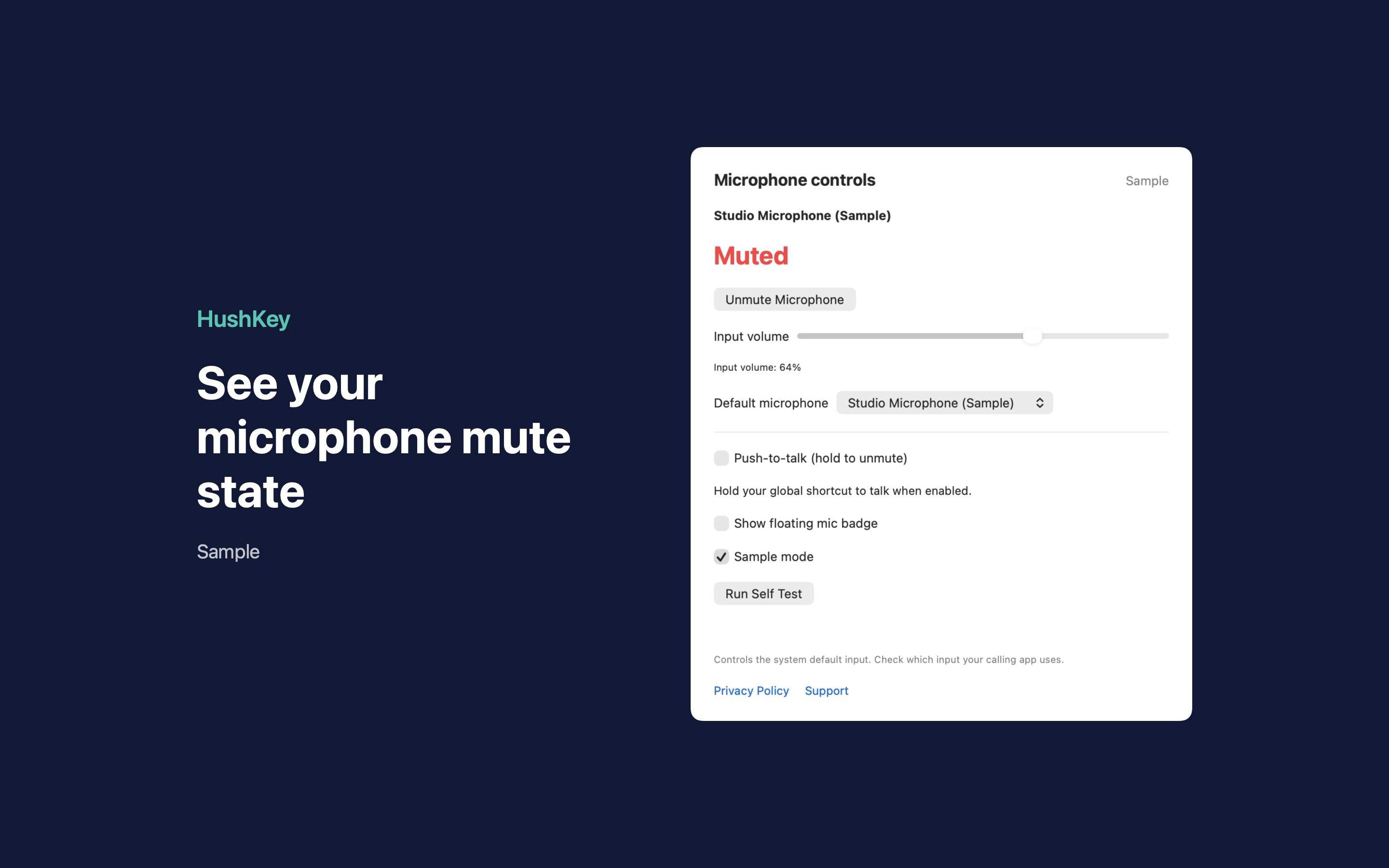 HushKey sample microphone menu.