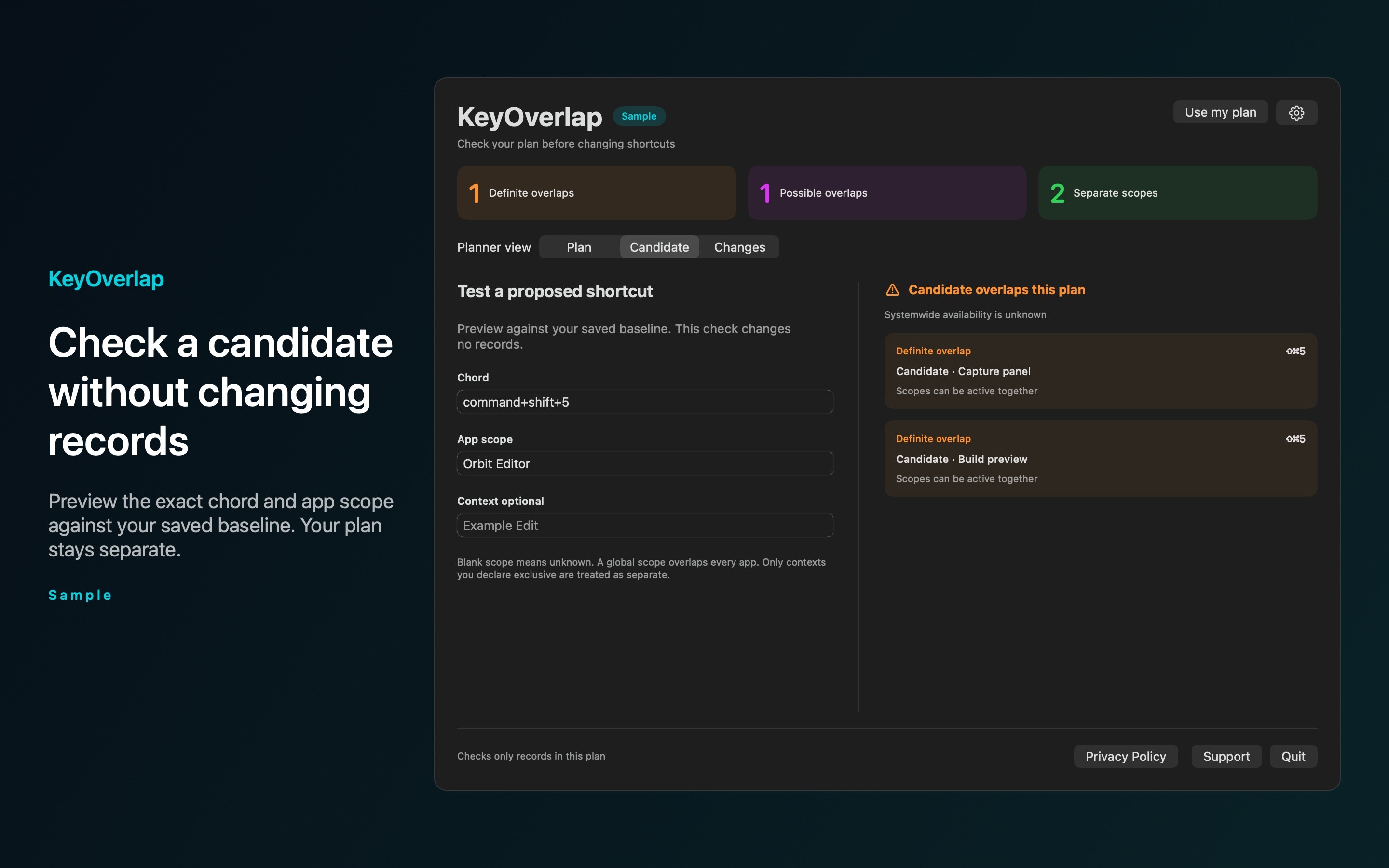 KeyOverlap sample candidate preview.