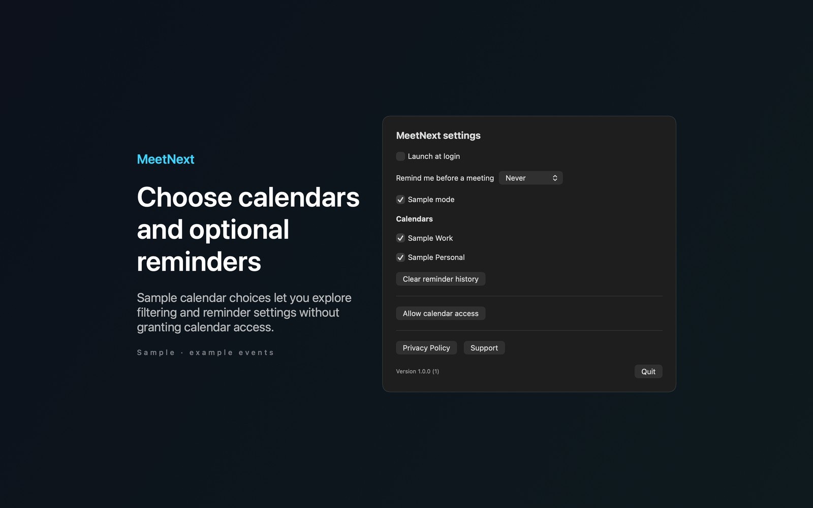 MeetNext sample events without calendar access.