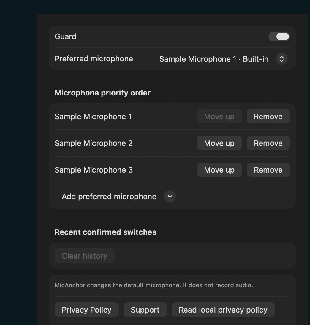Sample microphone priorities with controls to reorder or remove inputs.