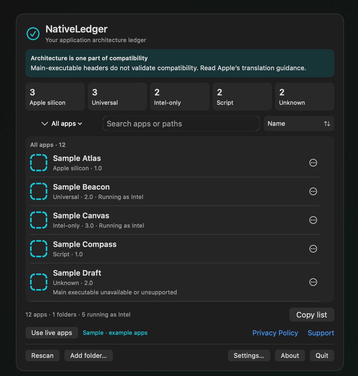 All apps view shows sample architecture categories and Copy list.