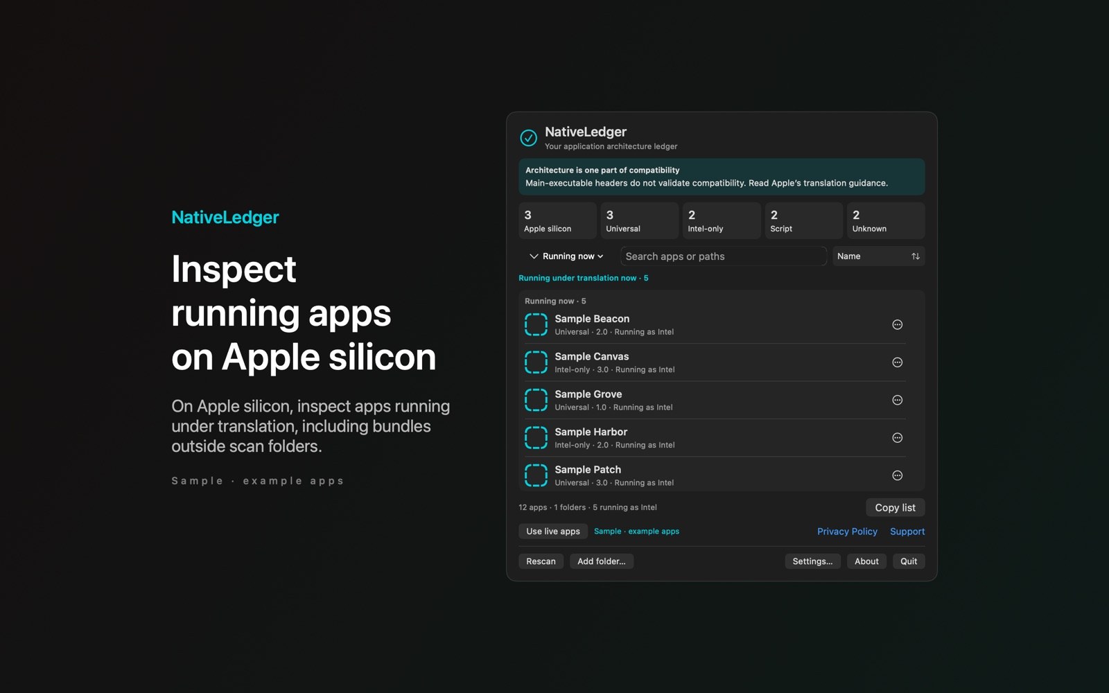 Running now lists sample apps running under translation.