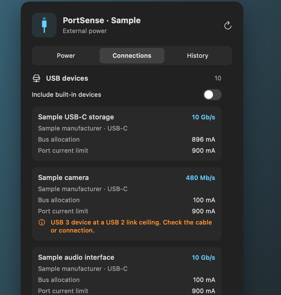 Sample USB connections show link ceilings and current limits.