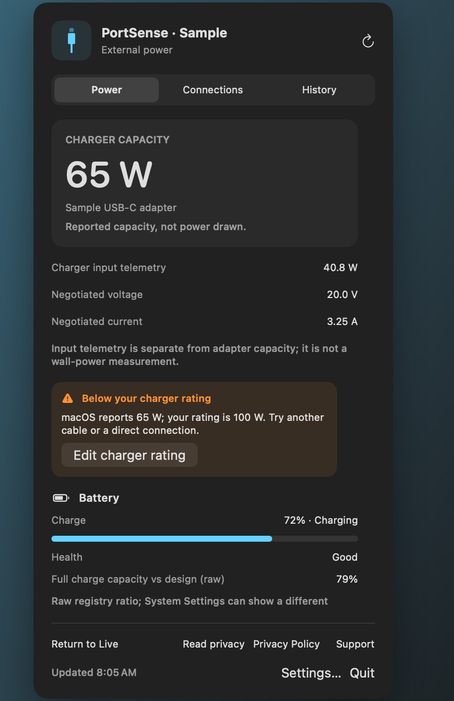 PortSense Sample mode detail