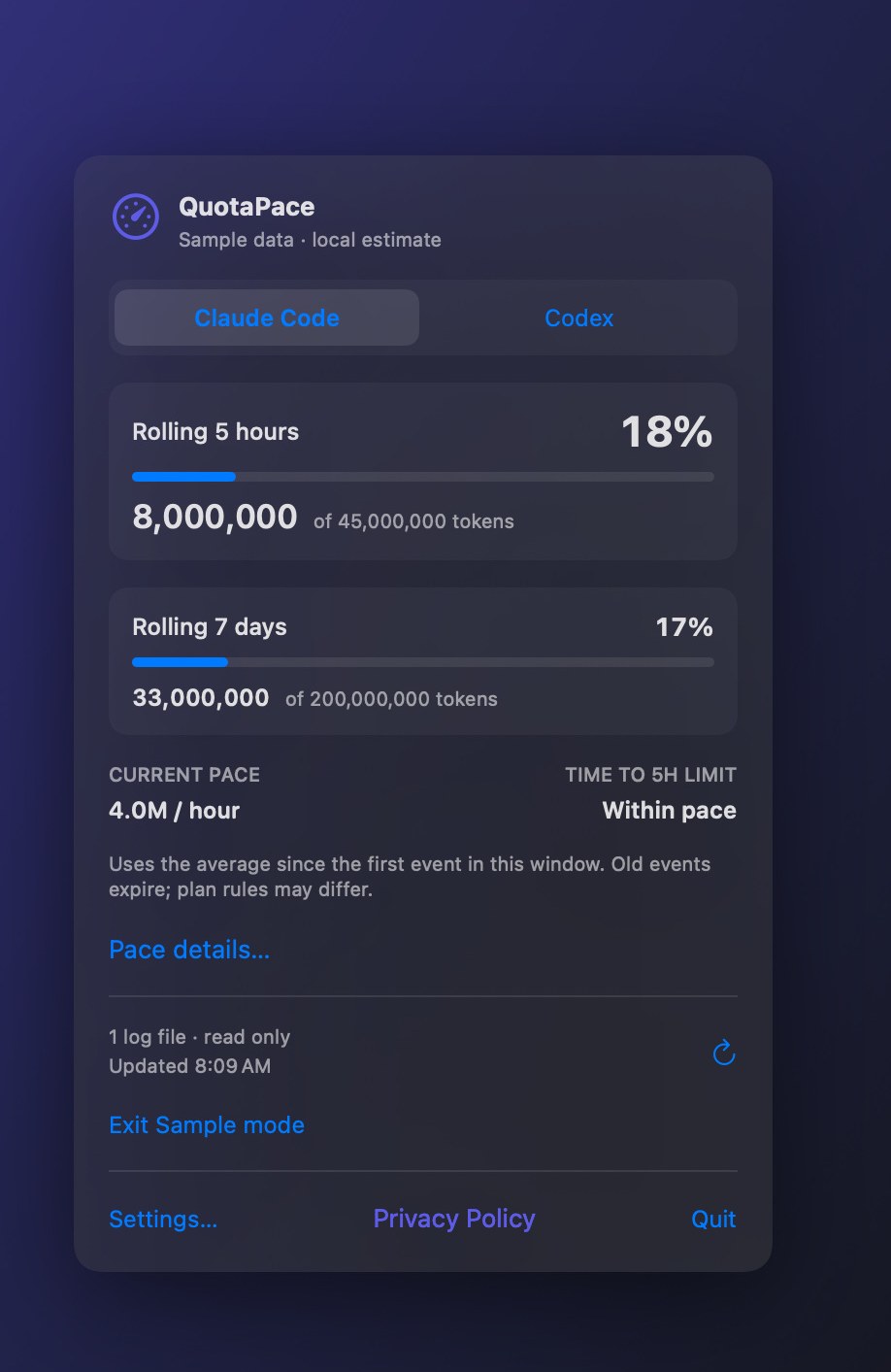QuotaPace Sample mode detail