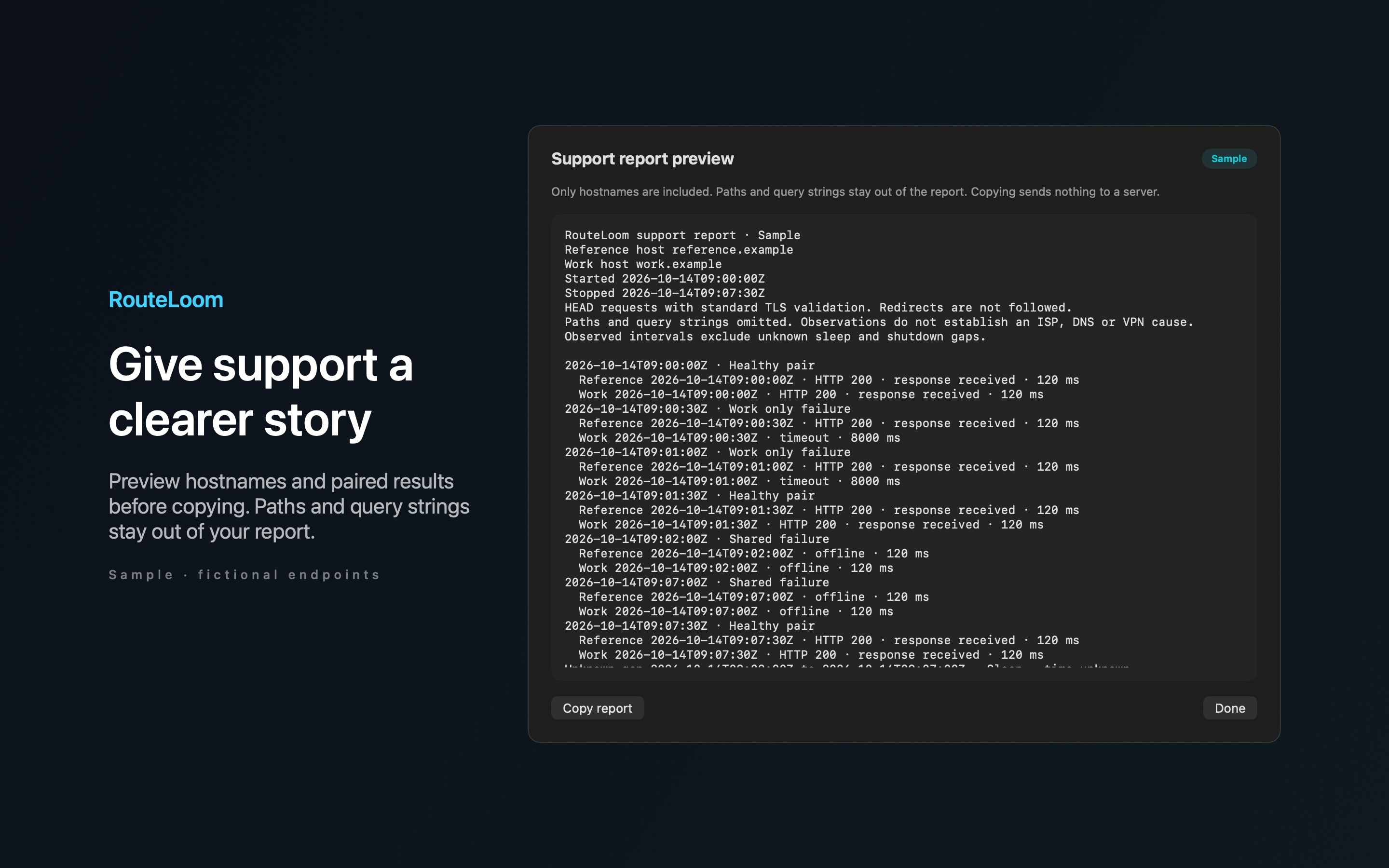RouteLoom Connection Report sample support report.