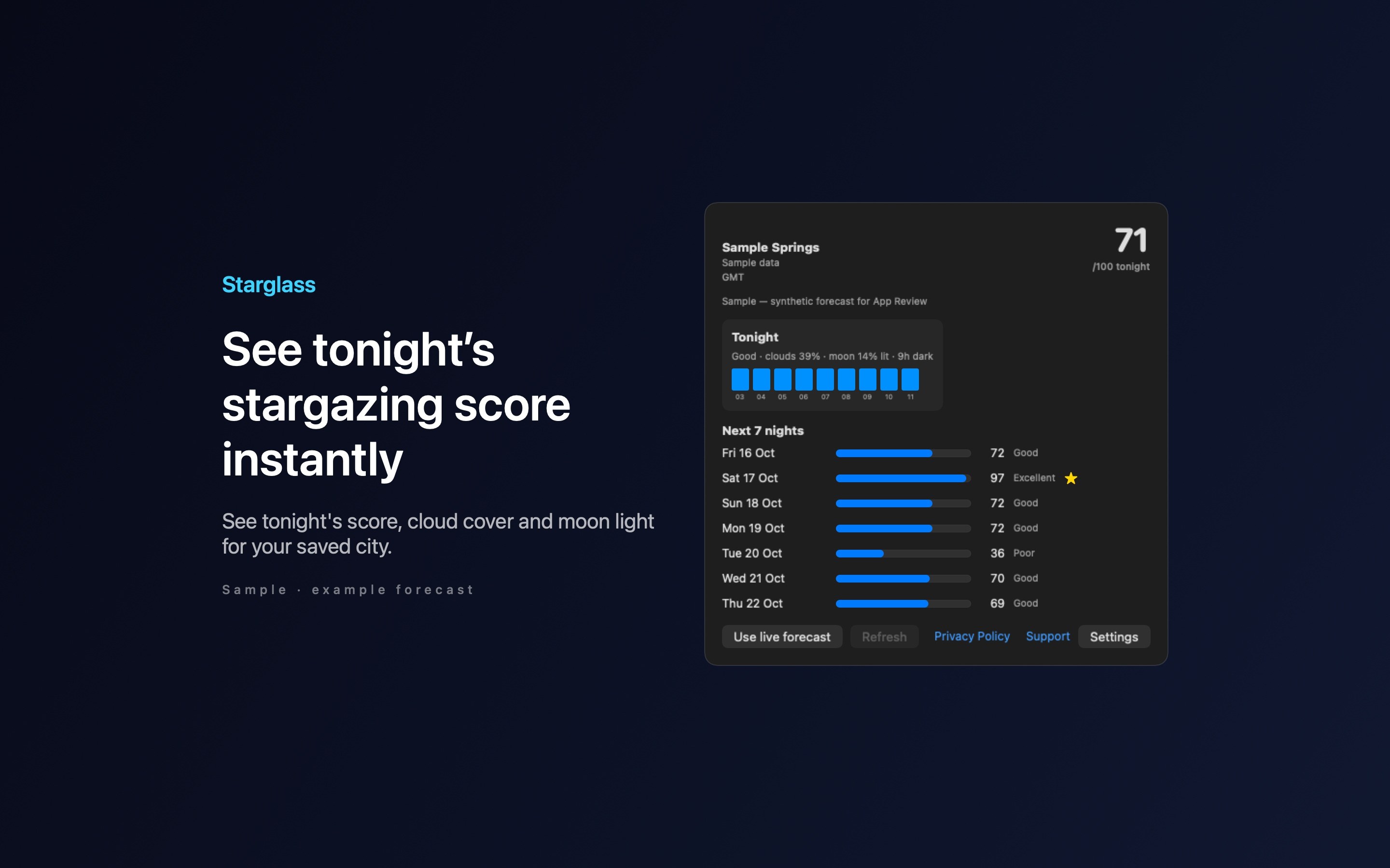 Starglass sample tonight score and cloud timeline.